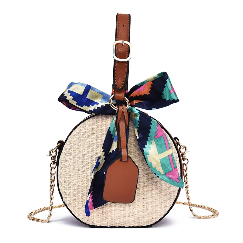 Bolsa de palha trançada feminina, bolsa redonda feminina feita em palha trançada a mão para praia, estilo boêmio, ideal para verão