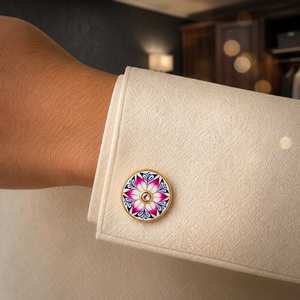 Handmade Enamel Lotus Flower Cufflinks <b>for</b> <b>Men</b> Brass Gold Plated Navy Pink Formal Wear Birthday Anniversary Rajasthan - Product Image 4