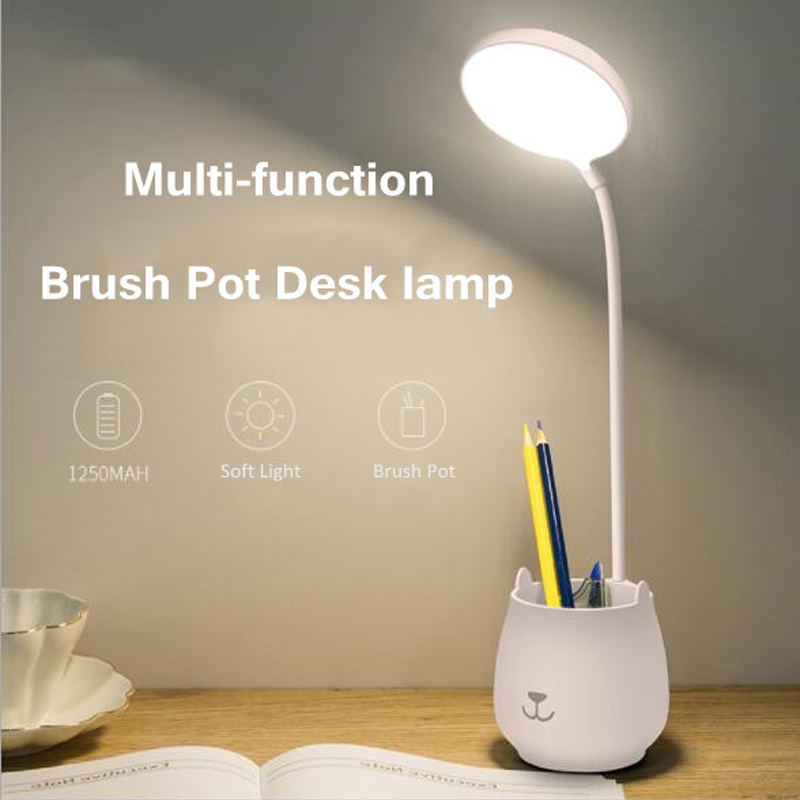 Flexible LED Desk Lamp with brush pot and mobile phone holder USB rechargeable table lamp for reading