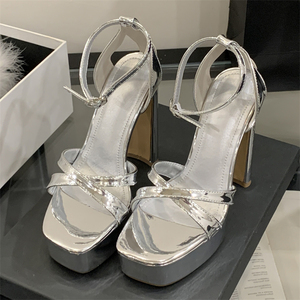 Sandalias de tacón grueso plateadas de plataforma alta para mujer, con punta cerrada y tacón cuadrado, estilo Mary Jane sexy, transpirables para verano, ideales para bodas y fiestas. - Product Image 6