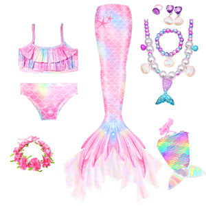 Costume da bagno bikini a coda di sirena per bambine con motivo arcobaleno in garza e finitura metallizzata, set 2 pezzi per bambini - Product Image 4
