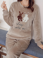 Pyjama d'hiver thermique en flanelle pour femme, 100 % polyester, 220 g, uni, ODM, avec cordon de serrage, col lisse, tricot doux, taille mi-haute, long
