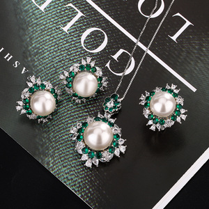 Ensemble de bijoux en perles florales et zircon émeraude, collier/boucles d'oreilles/bague en laiton de luxe pour femmes - Product Image 1