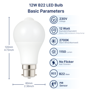 Bombilla LED con Sensor de Movimiento Automático A60, Sensor <span class=keywords><strong>PIR</strong></span>, 12W, 1150LM, 230V, B22, No Regulable, para Iluminación de Pasillos, Escaleras y Hogar - Product Image 2