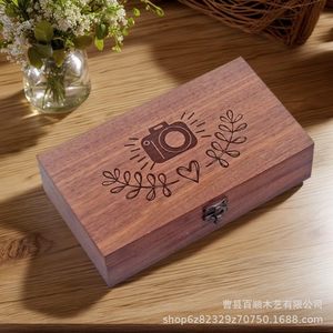 Wooden <b>Photo</b> <b>Storage</b> <b>Box</b> Rectangular Brown Engraved Camera Pattern With Lid And Compartments For Decorative <b>Storage</b> - Product Image 1