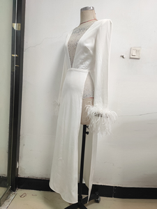 Abito da sera <span class=keywords><strong>bianco</strong></span> alla moda 2026, sexy, a maniche lunghe <span class=keywords><strong>con</strong></span> polsini in piume di struzzo e <span class=keywords><strong>spacco</strong></span> alto <span class=keywords><strong>con</strong></span> paillettes, per feste di gala - Product Image 5