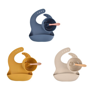 3Pcs Silicone Baby Feeding Set for Toddlers Baby Led <strong>Weaning</strong> Supplies with Self-Adjusting Bib and Suction Bowl Wooden <strong>Spoon</strong> - Product Image 1