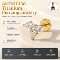 JiaXin ASTM-F136 G23 Titanio Push Pin Sin Rosca para Labret, Medusa, Forward Helix, Lobe, Flor, Circonita Cúbica, Joyería Corporal 16G