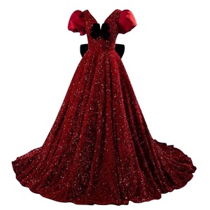 <b>Red</b> <b>Sequined</b> V-Neck Bridal Gown Natural Waistline For Wedding Toasts Stage Performances And Coming Of Age Ceremony - Product Image 5