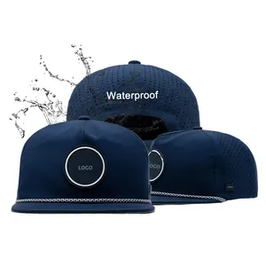 Летняя Лазерная перфорированная резка с плоскими полями, 5 панелей, полиэфирная водонепроницаемая шляпа с логотипом на заказ, бейсболка в стиле хип-хоп с веревкой