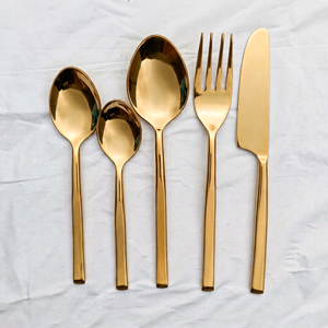 <b>Gold</b> Plated Stainless Steel Luxury Flatware Set <b>Mirror</b> Finish Minimalist Design <b>Long</b> Handle Serving Spoon Fork Knife Dishwasher - Product Image 1
