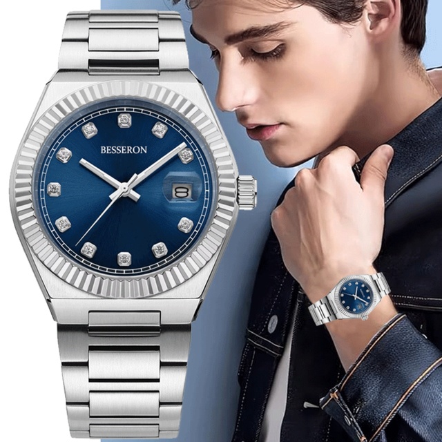 Custom Logo Luxury Stainless Steel Automatic Mechanical Watch Men Sapphire Crystal Chronograph 5BAR Water Resistance Diamond