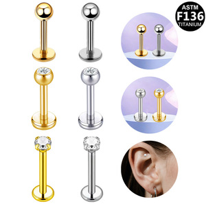Clous d'oreilles en titane pour cartilage, 16 mm, avec boule et serti à griffes, pour usage quotidien, bijoux de piercing unisexe - Product Image 1