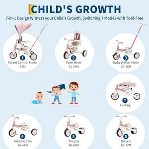 7-in-1 Adjustable Pink <strong>Trike</strong> for Kids Foldable Baby Tricycle Parent <strong>Handle</strong> <strong>Toddler</strong> Safety Harness Wheel Brakes Removable - Product Image 2