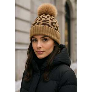 Women's Wool Beanie with Leopard Print Pom-Pom BERE1145 <b>Bonnet</b> - Product Image 4