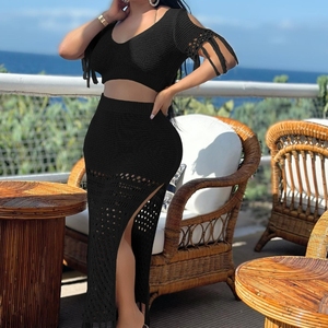 Women's Casual Sexy <b>Split</b> Woolen Hand Crochet Knit Tassel Top <b>Skirt</b> 2 Piece Set Fashion - Product Image 6