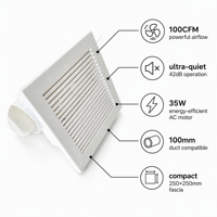 Ventilateur d'extraction de plafond CR210YA2 peu encombrant 100CFM 42dB Silencieux 35W Contrôle de l'humidité Plastique blanc Fascia 250mm Conduit 100mm 120V