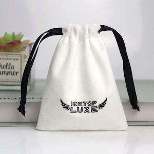 Custom Screen Printing Logo Recyclable Luxury White Silk Velvet Jewelry Gift Packaging Watch Gemstone Drawstring Pouch - Product Image 5