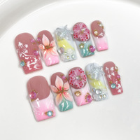 10 faux ongles faits à la main, carrés moyens, avec motif floral 3D, ongles en acrylique de luxe