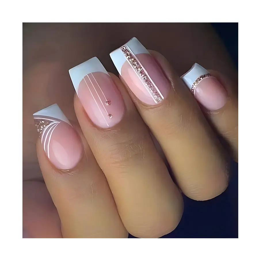 NA0785 24Pcs Short Square Round False Nails French Nude Pink Colorful Edge Pattern Glitter Detachable Press On Nail Tips