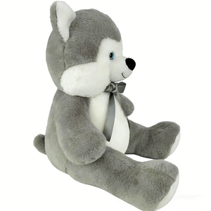 Peluche de Husky Gris y Blanco con Cinta de Satén - Peluche Grande y Esponjoso de Ojos Azules, Regalo para Niños para Acunar en la Hora de Dormir - Product Image 2