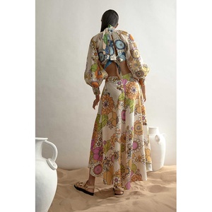 <span class=keywords><strong>FARRAH</strong></span> DÉCOUPÉ ROBE MI-LONGUE col Haut Liens au dos corsage manches Blousantes taille découpes 100% Lin robe florale - Product Image 3