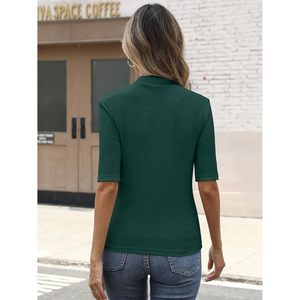 Haut en tricot côtelé à col montant et manches courtes pour femme, coupe ajustée, t-shirt basique, tenue décontractée d'été - Product Image 5