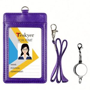 Soft PU Leather ID Card <b>Holders</b> Promotional Lanyard Card <b>Holder</b> with Telescopic Buckle for Office - Product Image 2