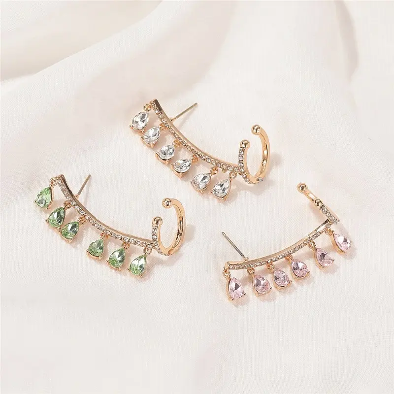 Vintage Brass Jewelry Green Crystal Water Drop Shape Tassel Simple Cute Clear Ear Cuff Earrings For Women