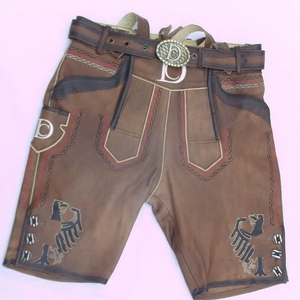 กางเกงหนังแท้สำหรับผู้ชายสไตล์บาวาเรียน Oktoberfest สีน้ำตาล ปักลาย กันน้ำ ระบายอากาศ กันลม เป็นมิตรกับสิ่งแวดล้อม ติดกระดุม - Product Image 1