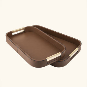 Ensemble de plateaux en bois MDF de service en cuir Pana rond croix patten plateau en bois PU-ensemble de deux pièces plateau de rangement avec certificat SABRE - Product Image 4