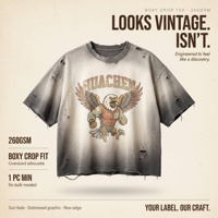 260GSM Boxy Crop T-Shirt mit Sonnenausgebleichtem Vintage-Adler-Maskottchen-Grafikdruck und Distressed-Rohkanten, 1 Stück Min. OEM Private Label Hersteller