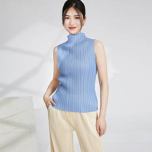 Chaleco plisado Miyake de alta calidad para mujer, camisetas sin mangas de verano con cuello levantado para mujer, camisas versátiles informales - Product Image 5