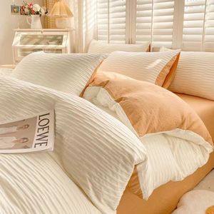 Seersucker Two-Tone Washed Cotton <b>Bedding</b> <b>Set</b> 4 Pcs Breathable <b>Stripes</b> Pattern Home Use - Product Image 3