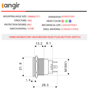 Interruptor de botón pulsador de 19mm de alta resistencia con enganche de encendido y apagado Botón pulsador de acero inoxidable para maquinaria - Product Image 2