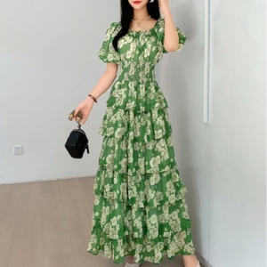 Women's Floral Print Tiered Maxi <b>Dress</b> Square Neck Puff Sleeve Smocked Waist <b>Romantic</b> Boho Gown <b>Dresses</b> Fashion - Product Image 3