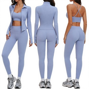 Seamless Women Yoga Set Cross Back Sports Bra High Waist Leggings Long Sleeve Jacket Workout Activewear - Product Image 3
