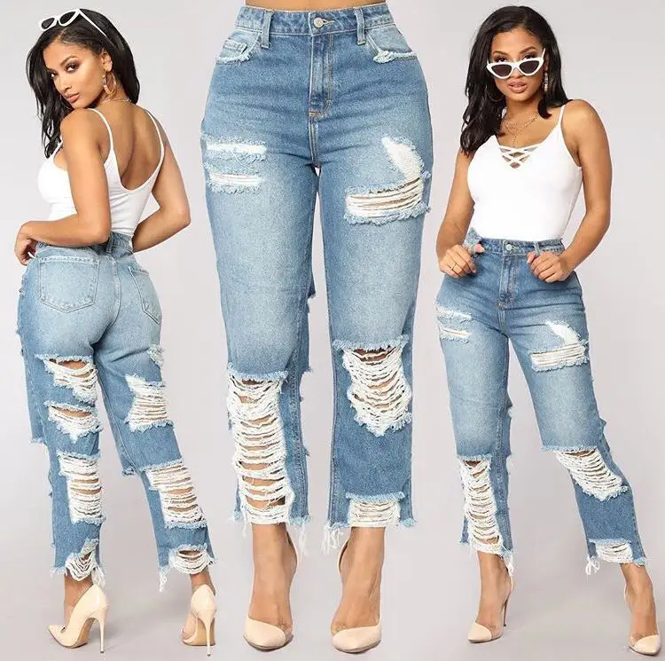 Jean déchiré à trous pour femmes, pantalon droit, pantalon en jean ample pour femmes, Jeans Skinny, mode 2022