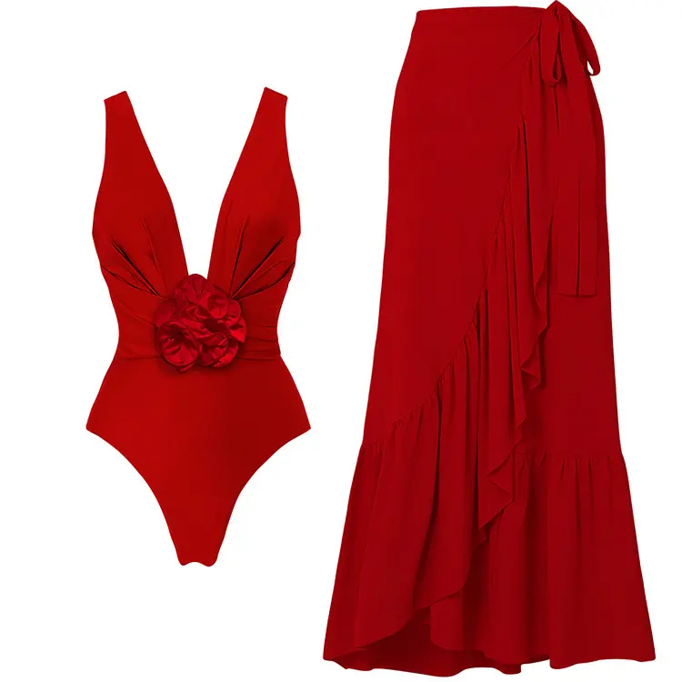 Newest Designs Covers Ups One-piece Swimsuit Red Big Flower Deep V-neck Swimwear Sexy Beach Wear Female Summer Bikini Set