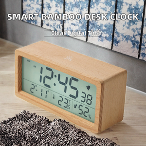 Horloge de bureau numérique intelligente tactile moderne en bambou Keshi - Réveil 12/24 heures, veilleuse, date, fonction snooze - Product Image 2