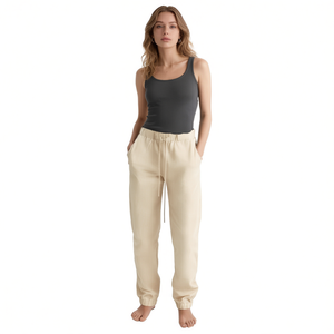 Pantalon Harem pour femme HDJ, beige, coton, fibre de bambou, coupe ample, taille haute, cordon de serrage, longueur intégrale, décontracté, pour le printemps - Product Image 3