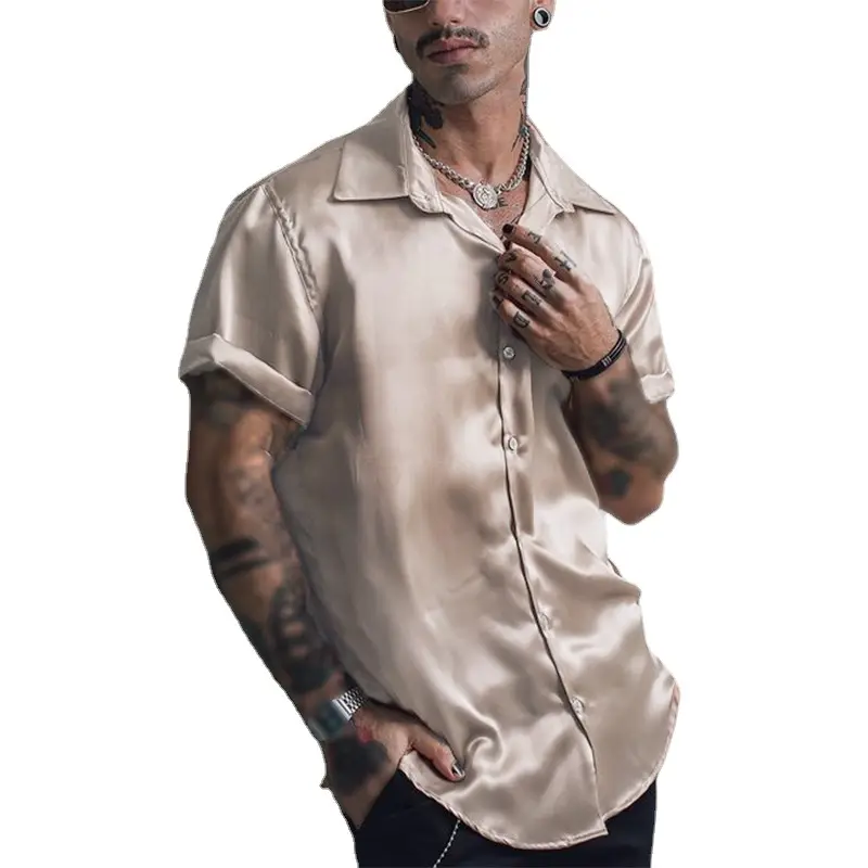 Customized Men's Short Sleeve Classic 100% Silk Satin Shirt Casual Loose Silky Smooth Shirt