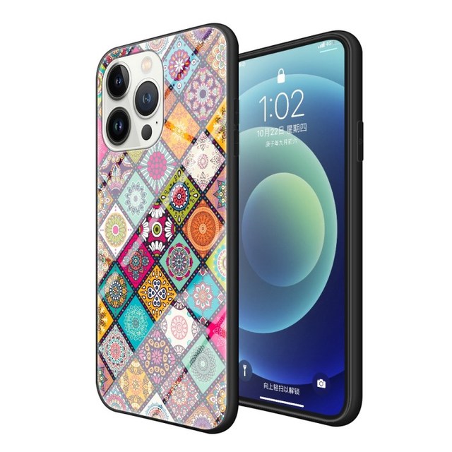 Flower Pattern with Strap Tempered Glass Back Phone case for iPhone 14 Pro Luxury Phone case