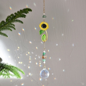 Ciondolo Decorativo a Forma di Girasole, Foglia di Ginkgo e Quadrifoglio con Cristalli, Acchiappasole e Campanella a Vento, Decorazione da Appendere per Balcone e Camera da Letto - Product Image 3