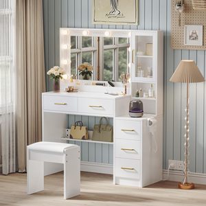 SENYU En gros Coiffeuse de style rustique en panneau de chêne blanc avec 5 tiroirs, station de charge, miroir éclairé et rangement - Product Image 5