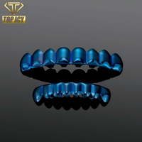 Nouvel ensemble de grillz en laiton électroplaqué bleu brillant, surface lisse et solide, avec dents complètes, style hip-hop, bijoux buccaux