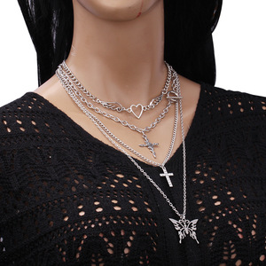 Ensemble de colliers superposés avec pendentif croix papillon et cœur, couleur argent, multi-chaînes, bijoux de mode pour femmes - Product Image 2
