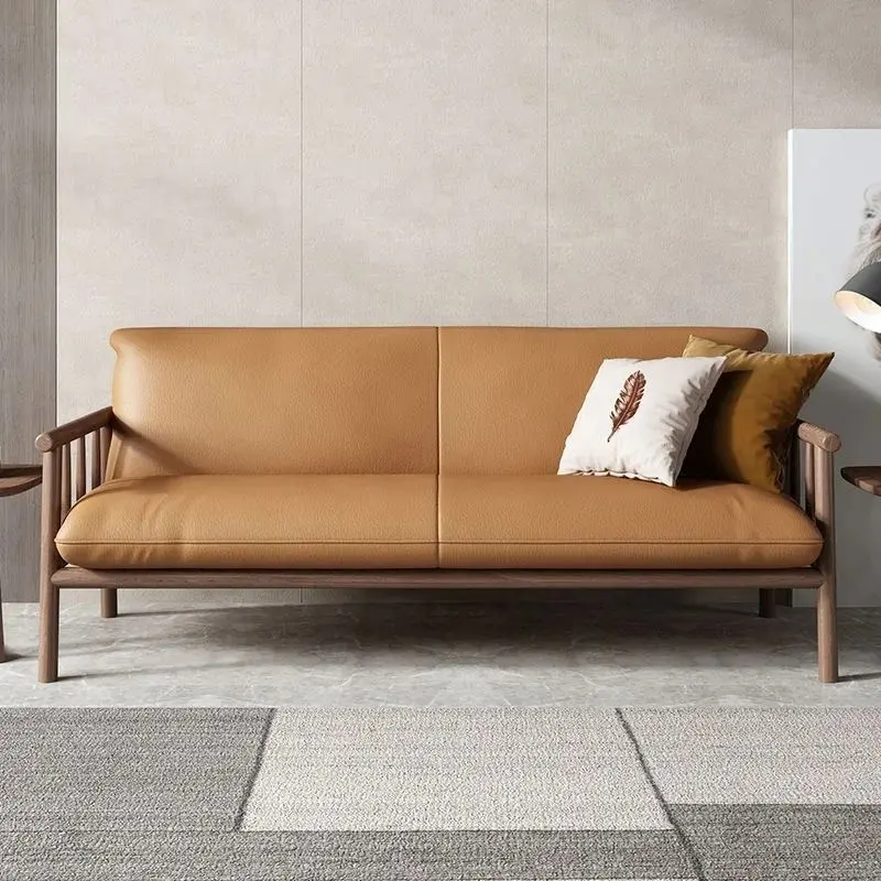 Nordic Jepang kayu padat Sofa kulit ruang tamu kamar tidur Log rambut pasir