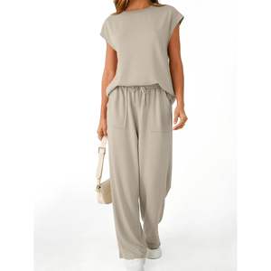 2025 femmes décontracté 2 pièces pour salon ensemble haut à manches courtes et pantalon à jambes larges taille XS pour les tenues de vacances d'été - Product Image 5