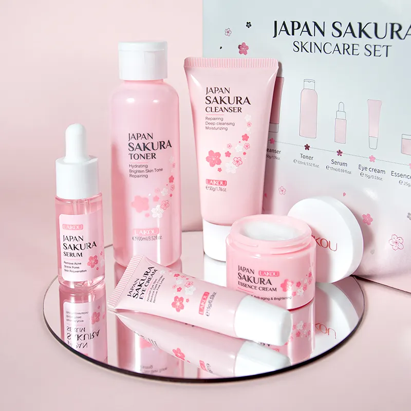 Feuchtigkeitsspendend entfernt feine Linien aufhellender Hautton Gesichtspflege 5-teiliges LAIKOU japanisches Sakura Hautpflegeset